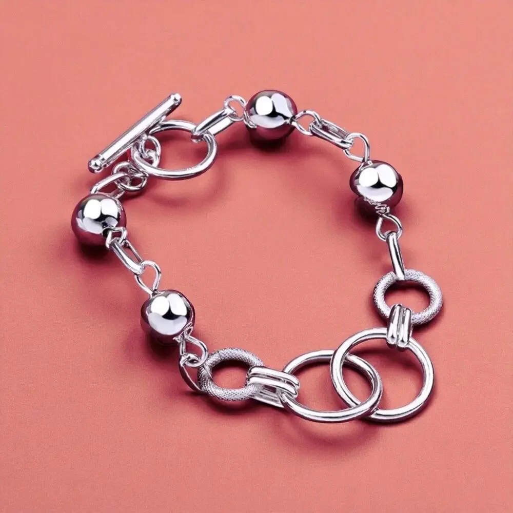 Bracelet Retro bead circle chain 925 Sterling Silver color 20CM for Women - Picture 6 of 7